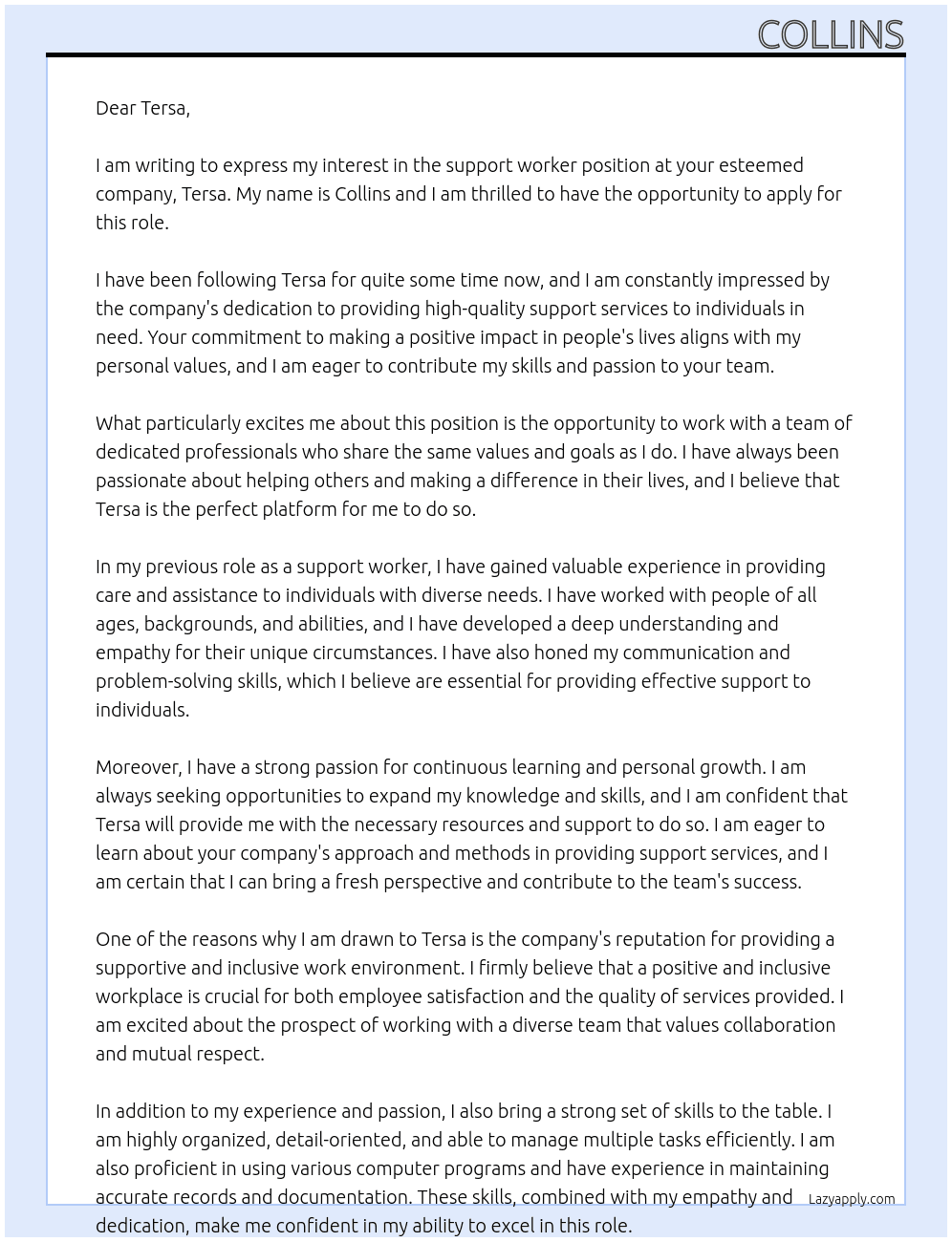 support worker At thersa Cover Letter