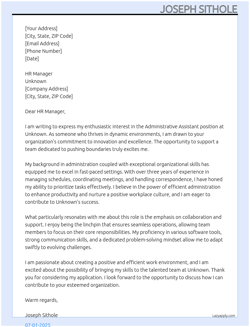 Administrative Assistant At Unknown Cover Letter