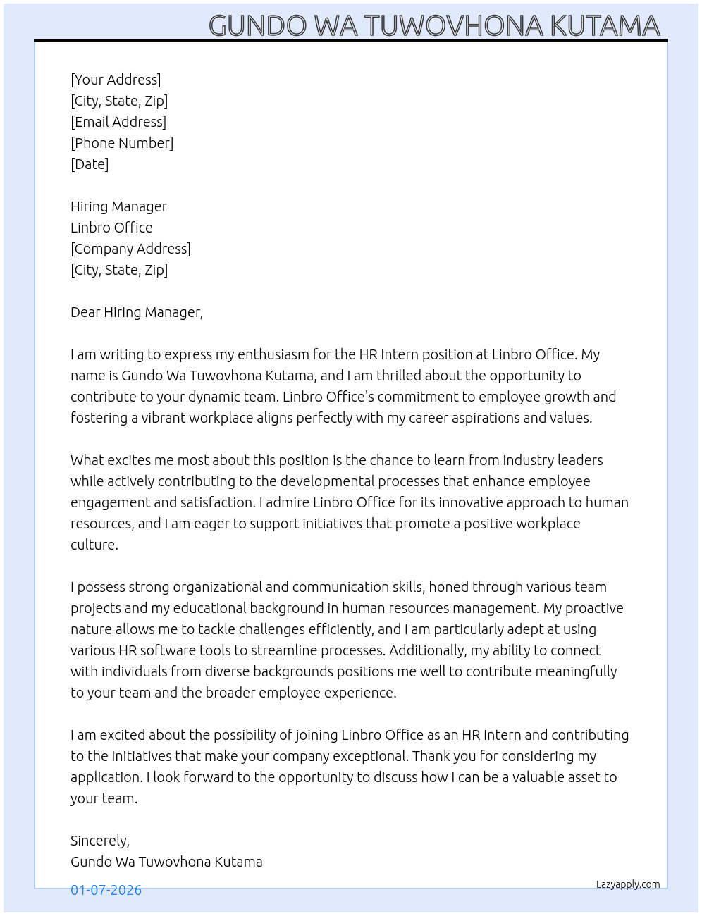 HR Intern At Linbro office Cover Letter