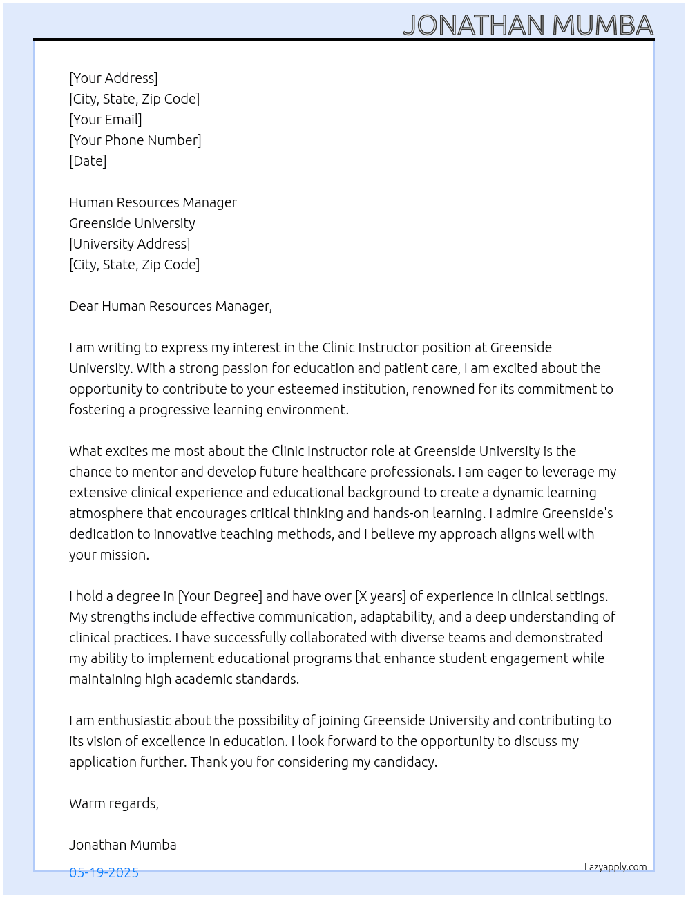 Clinic instructor At  GREENSIDE UNIVERSITY Cover Letter