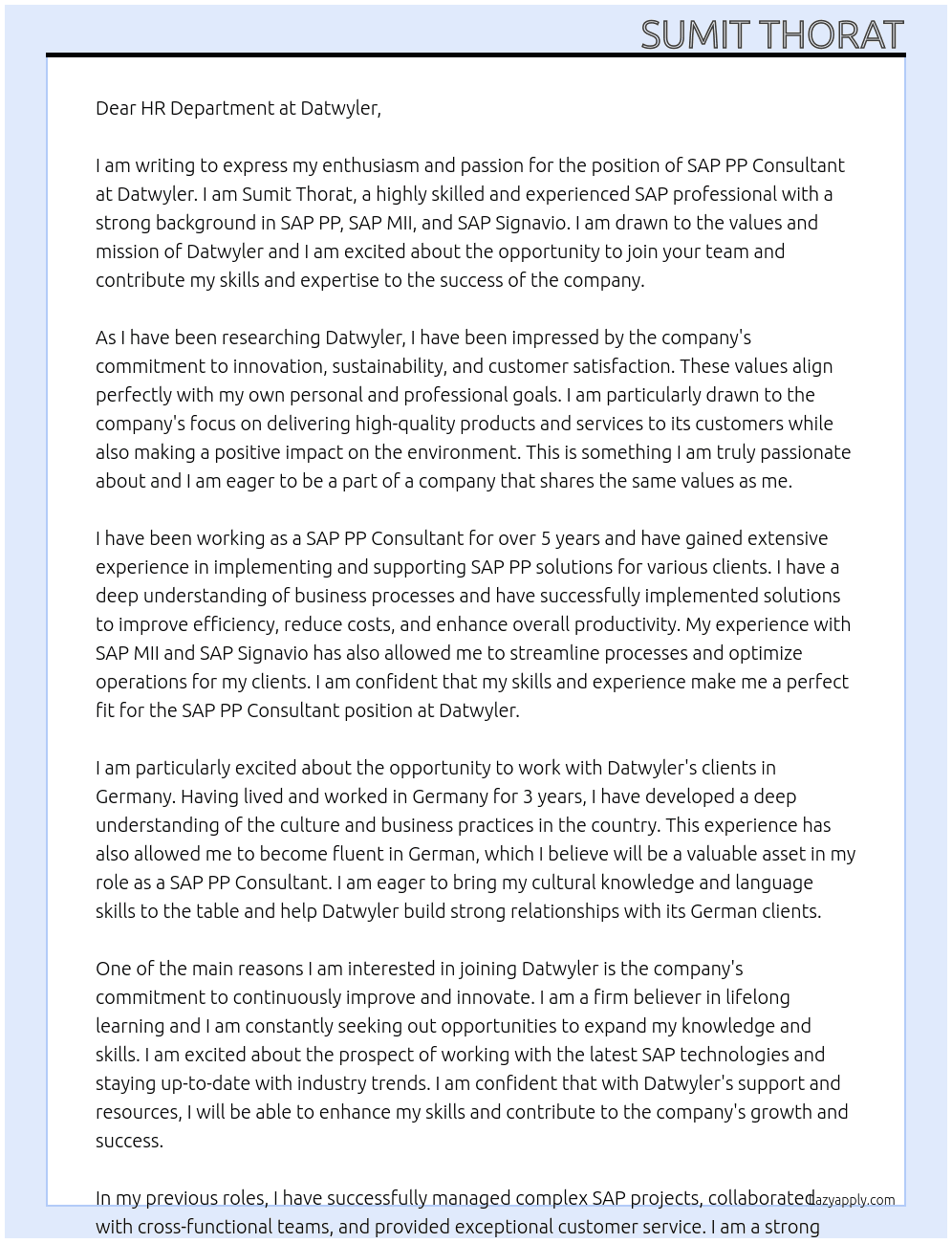 SAP PP COnsultant At Datwyler  Cover Letter
