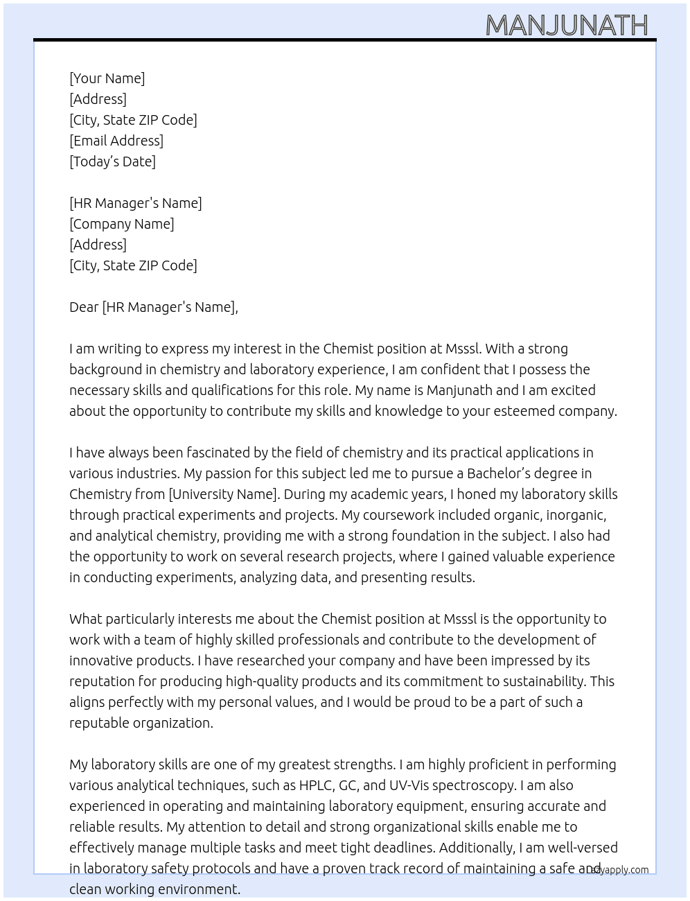 Chemist  At Msssl Cover Letter