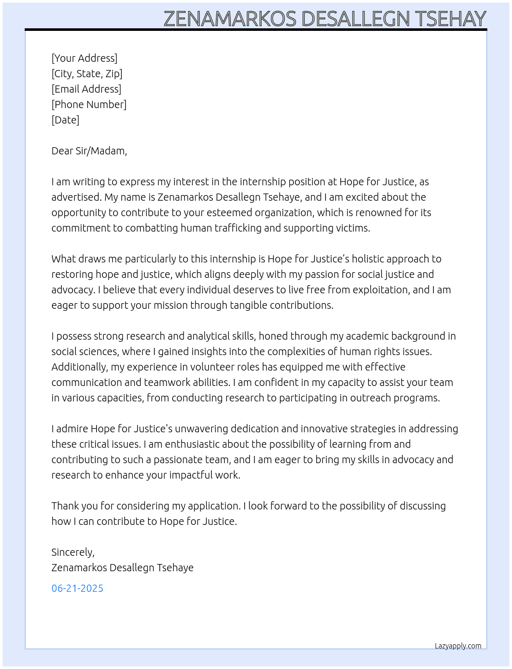intern At Hope for justice Cover Letter
