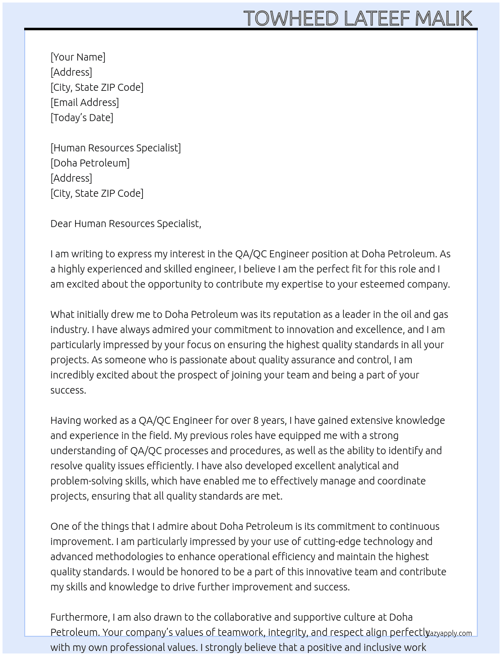 QA/QC Engineer  At Doha petroleum  Cover Letter