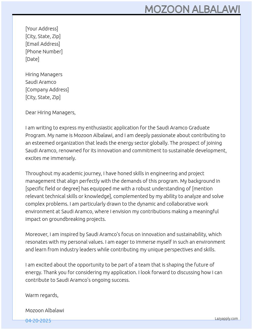 Cover letter for saudi aramco graduate program - LazyApply