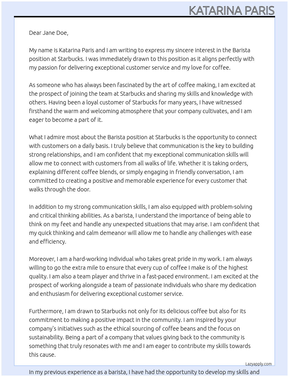 Barista At Starbucks Cover Letter