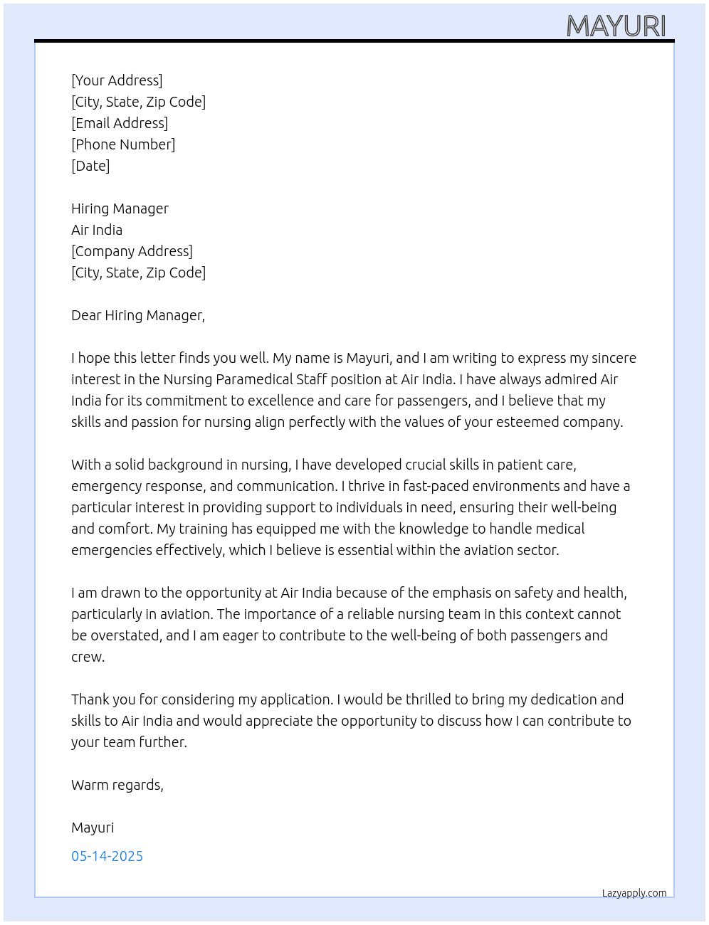 Cover letter for nursing paramedical staff in air india - LazyApply