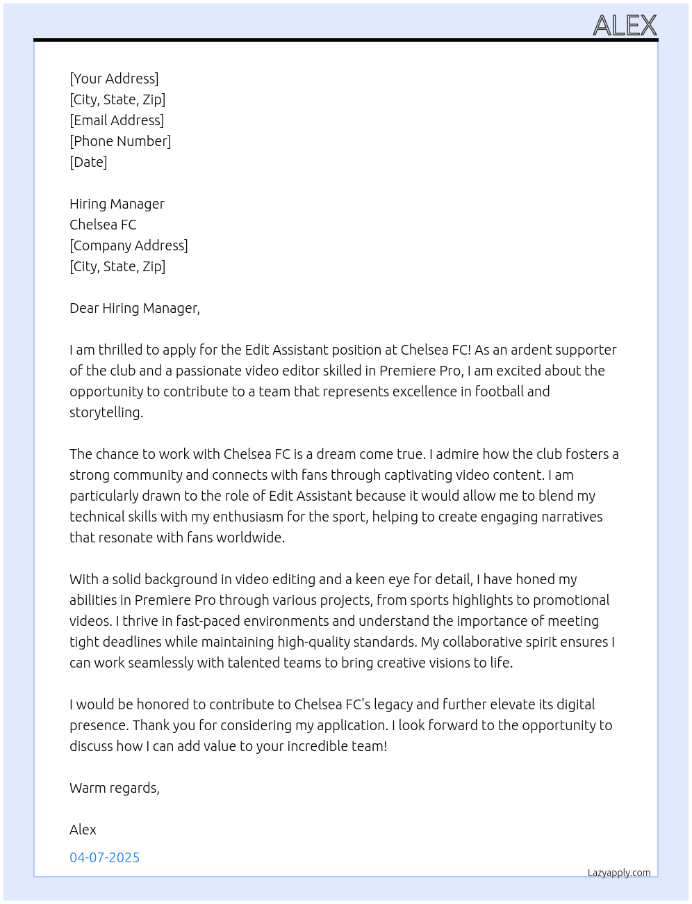 Edit Assistant At Chelsea FC Cover Letter