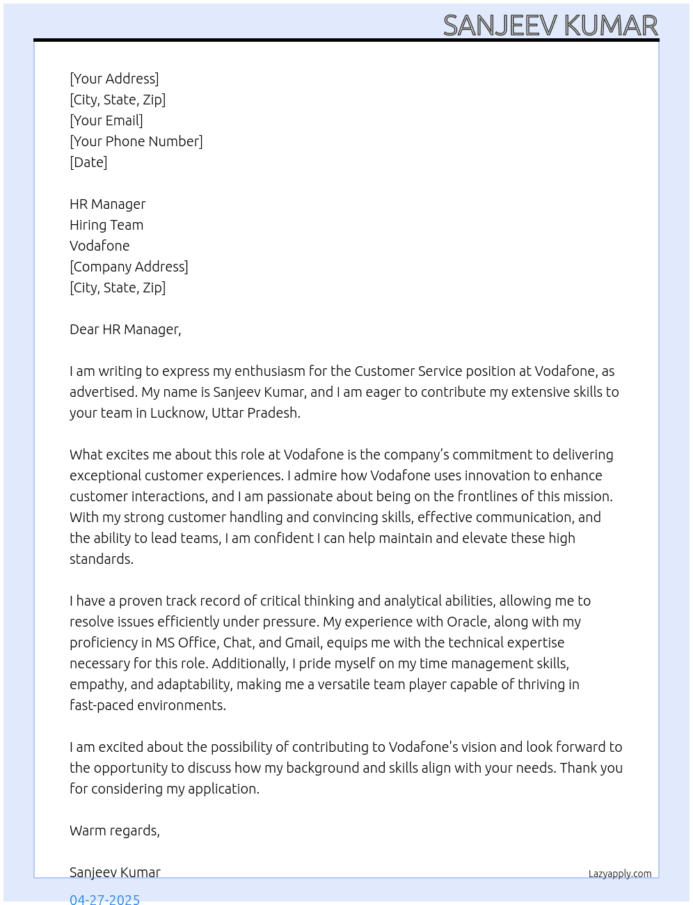 customer service At Vodafone Cover Letter