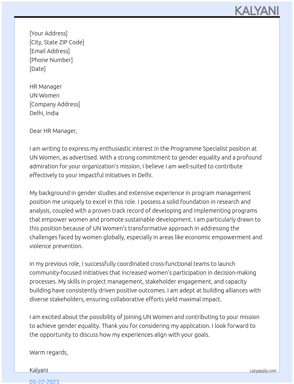 programme specialist At UN Women Cover Letter