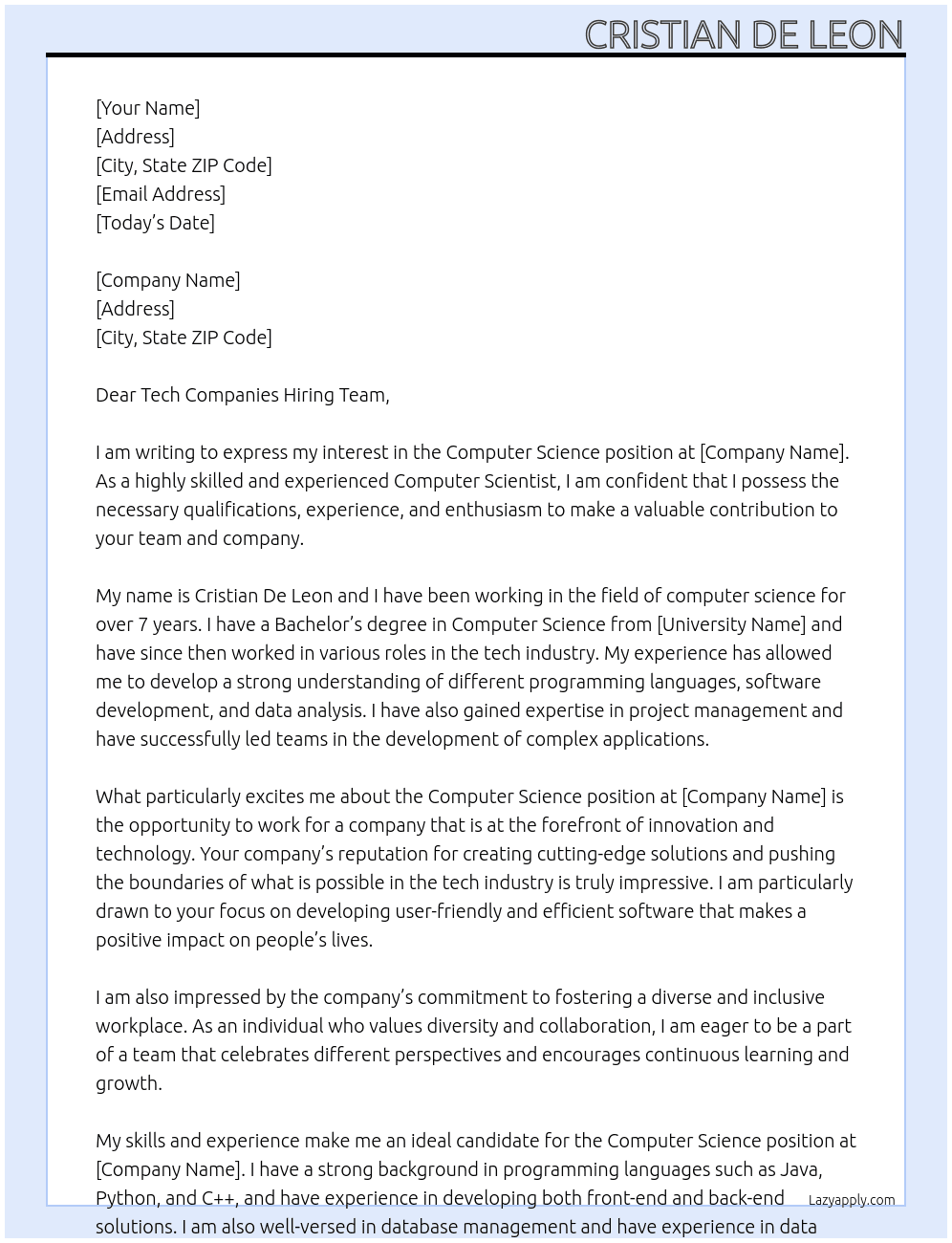 Computer Science At Tech Companies Cover Letter