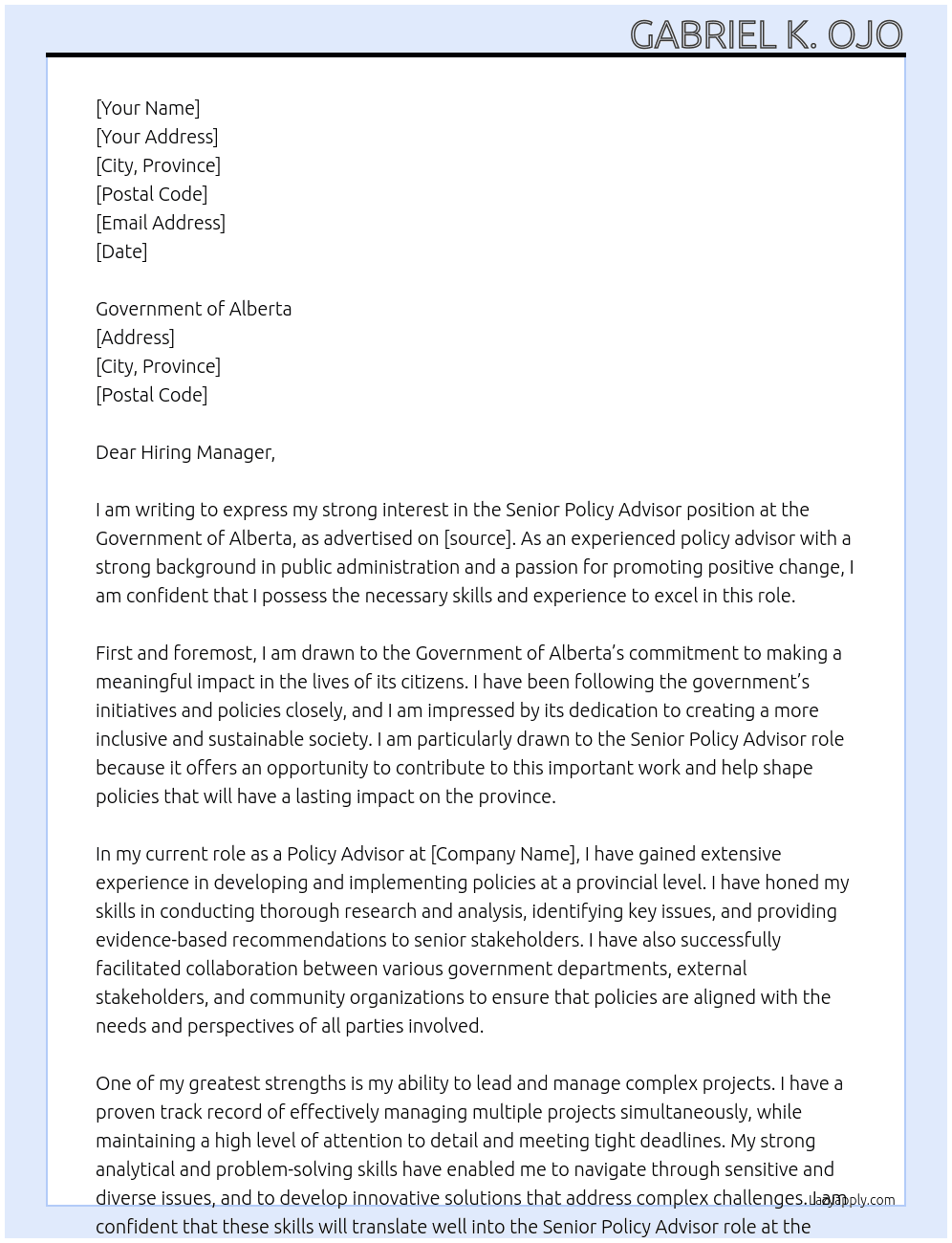 Senior Policy Advisor At Government of Alberta Cover Letter