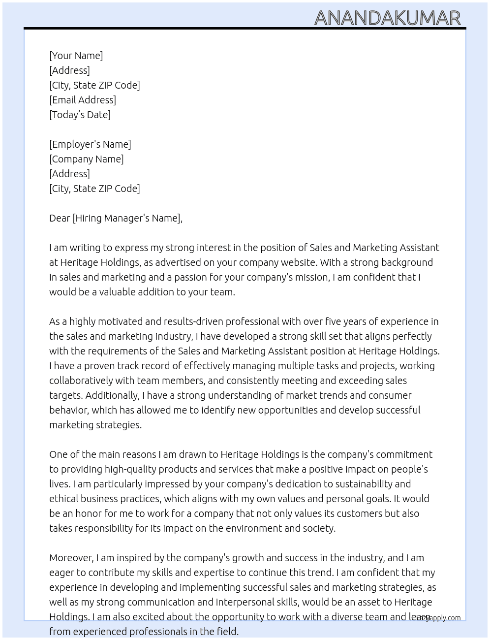Sales and marketing assistant  At Heritage holdings  Cover Letter