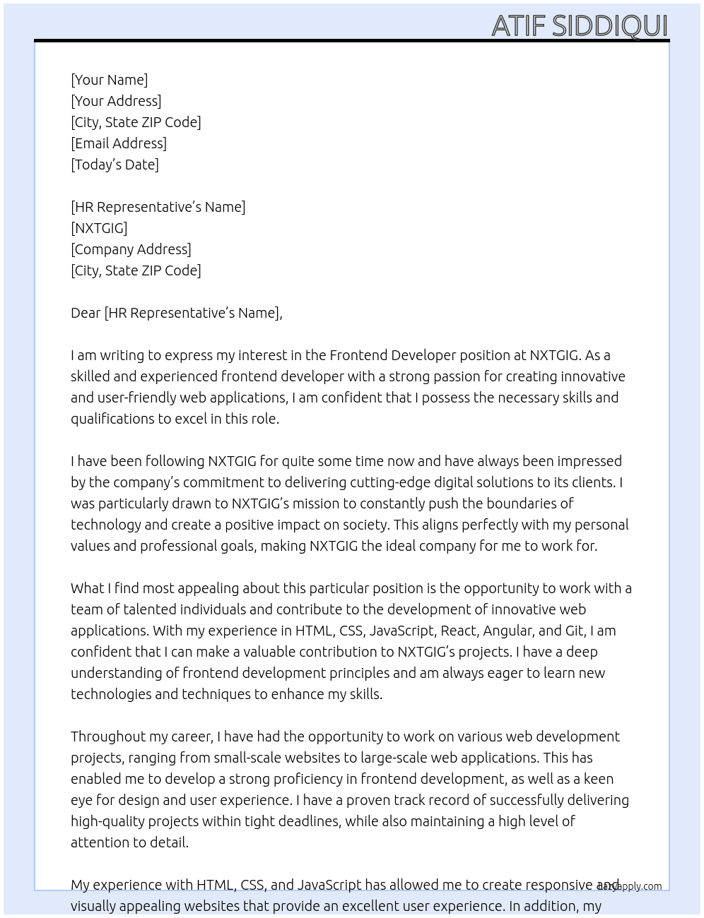 Frontend Developer At NXTGIG Cover Letter