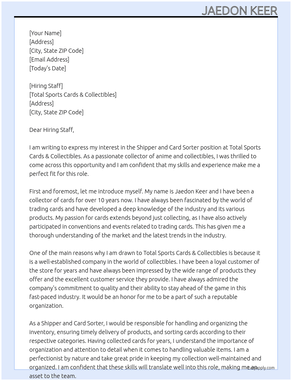 Shipper and Card Sorter At Total Sports Cards & Collectibles   Cover Letter
