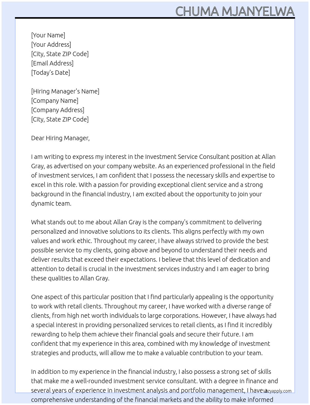 Investment Service Consultant | Retail Client Services At Allan Gray  Cover Letter