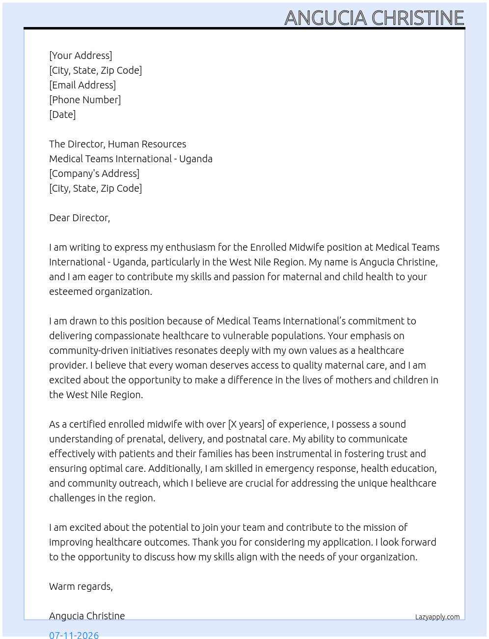 Enrolled Midwife At Medical Teams International - Uganda Cover Letter