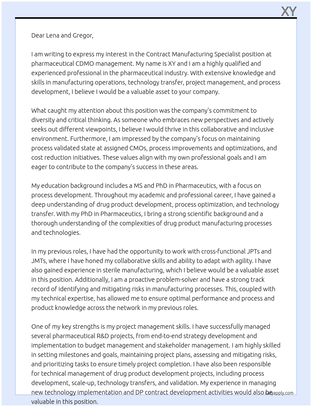 Contract Manufacturing Specialist At pharmaceutical CDMO management Cover Letter