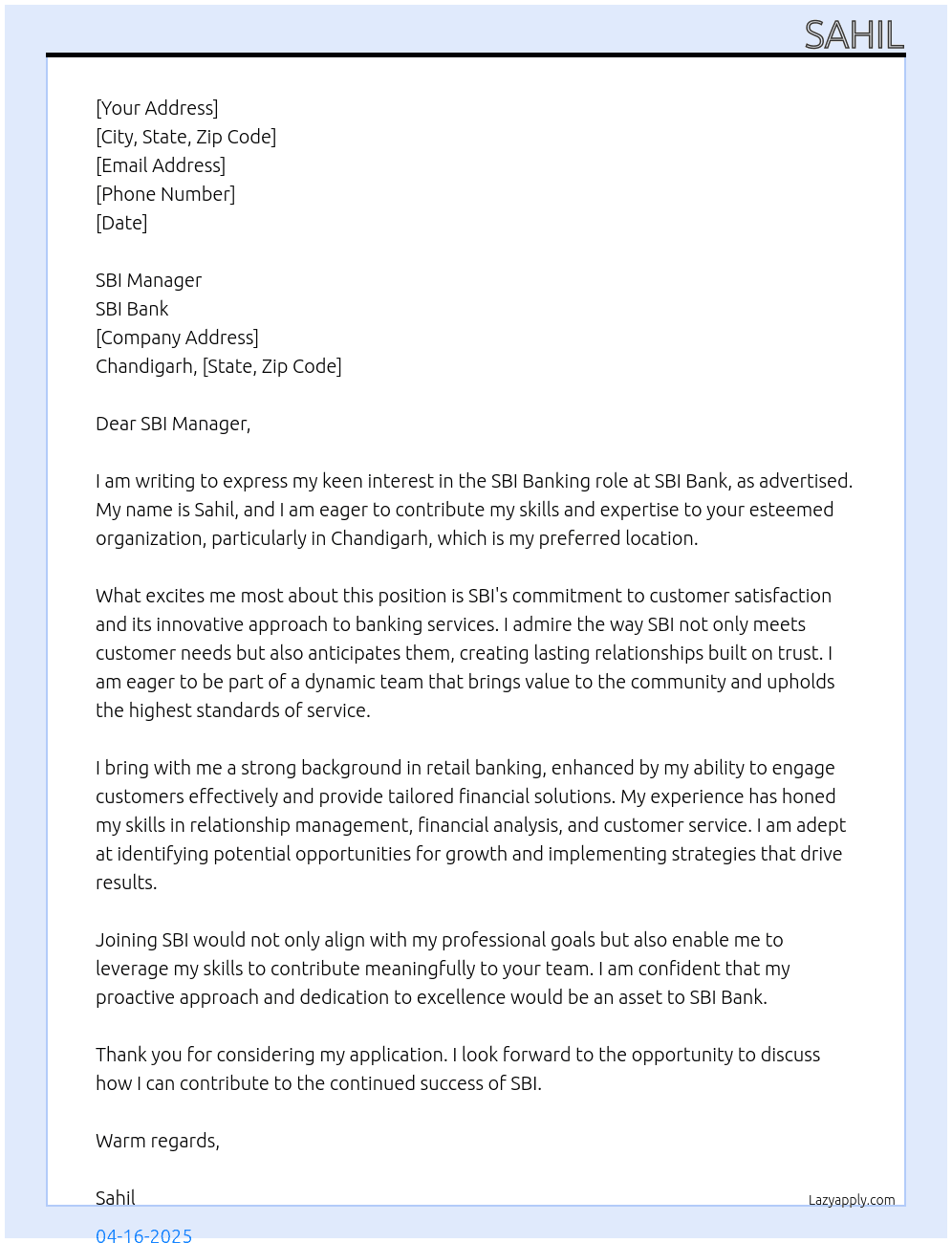 SBI Bank  At SBI Cover Letter