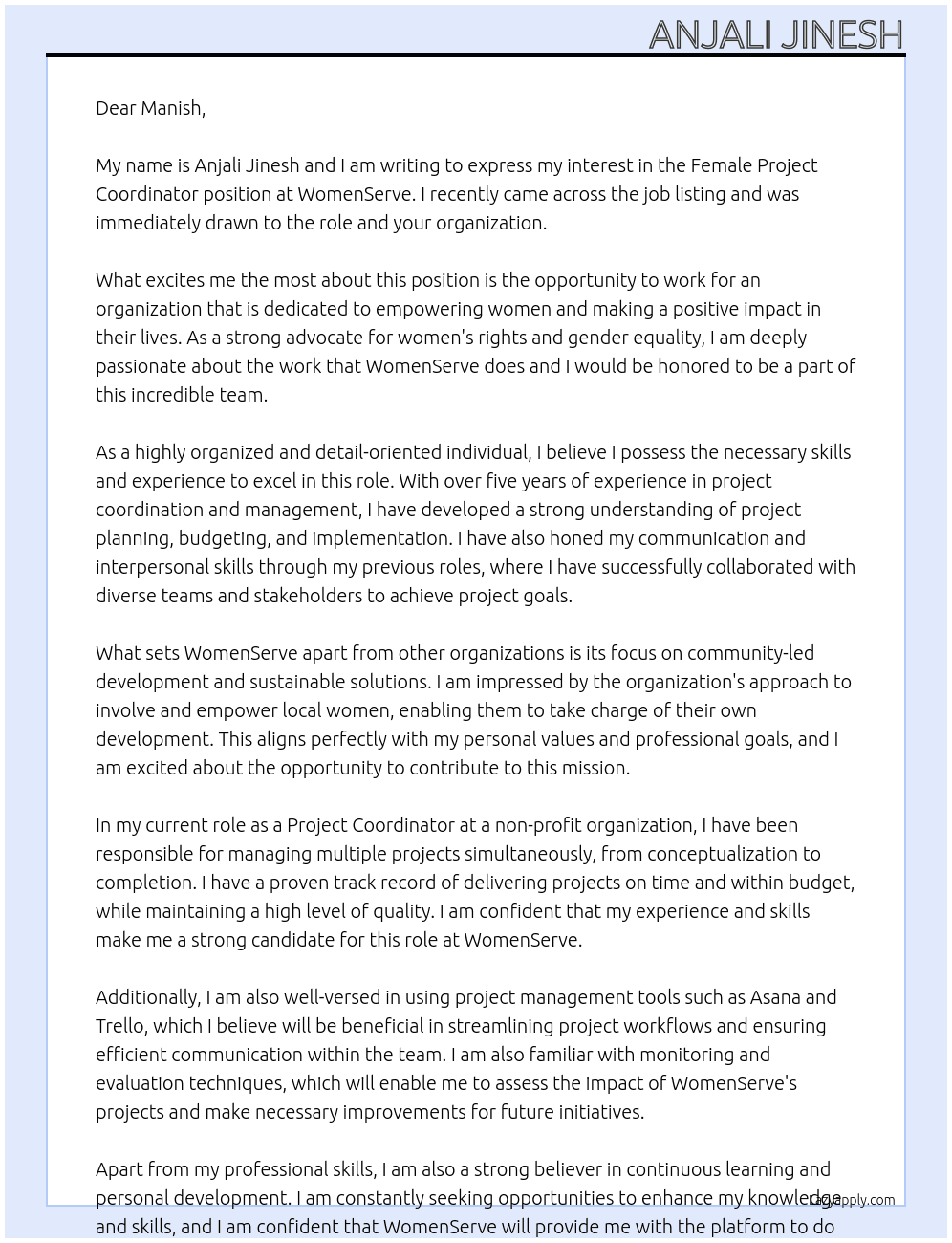 FEMALE PROJECT COORDINATOR At WOMENSERVE Cover Letter