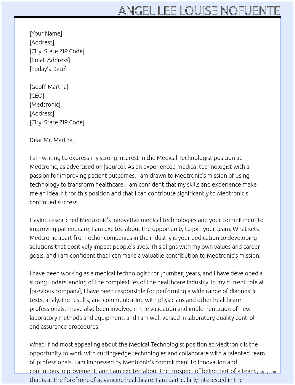 Medical Technologist  At Medtronic Cover Letter