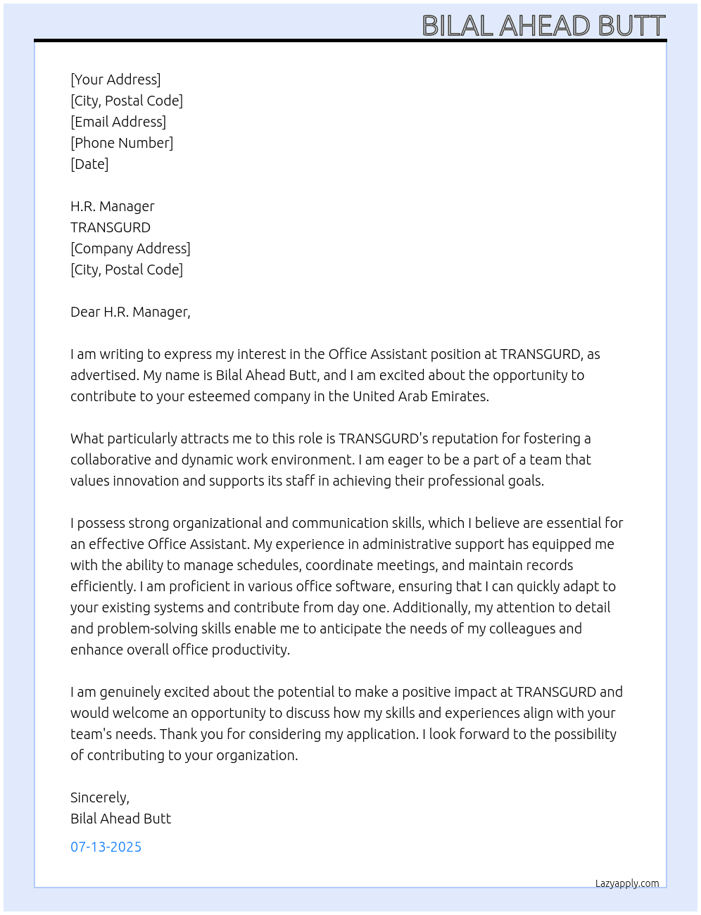 Office ASSISTANT  At TRANSGURD Cover Letter