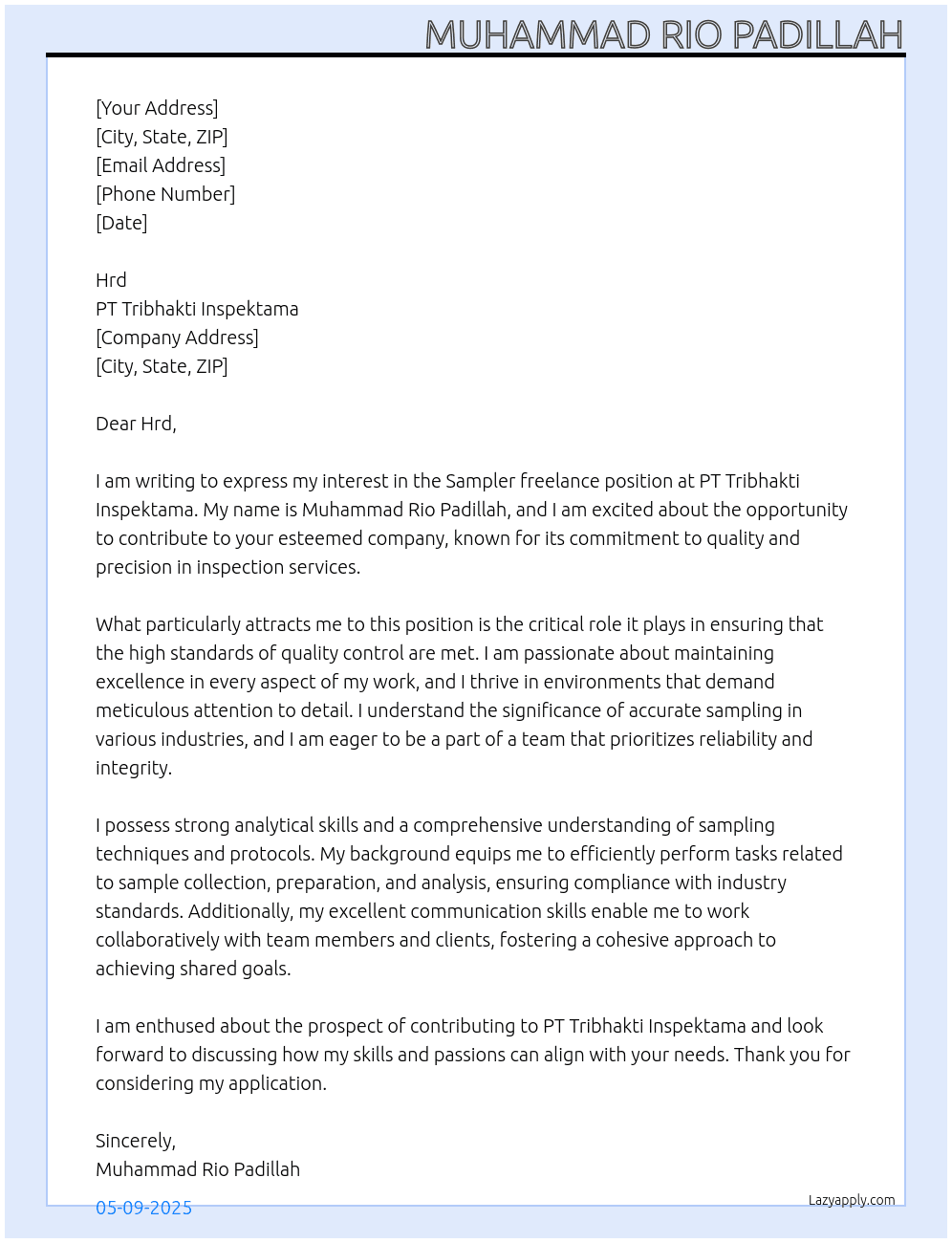 Cover letter for sampler freelance - LazyApply