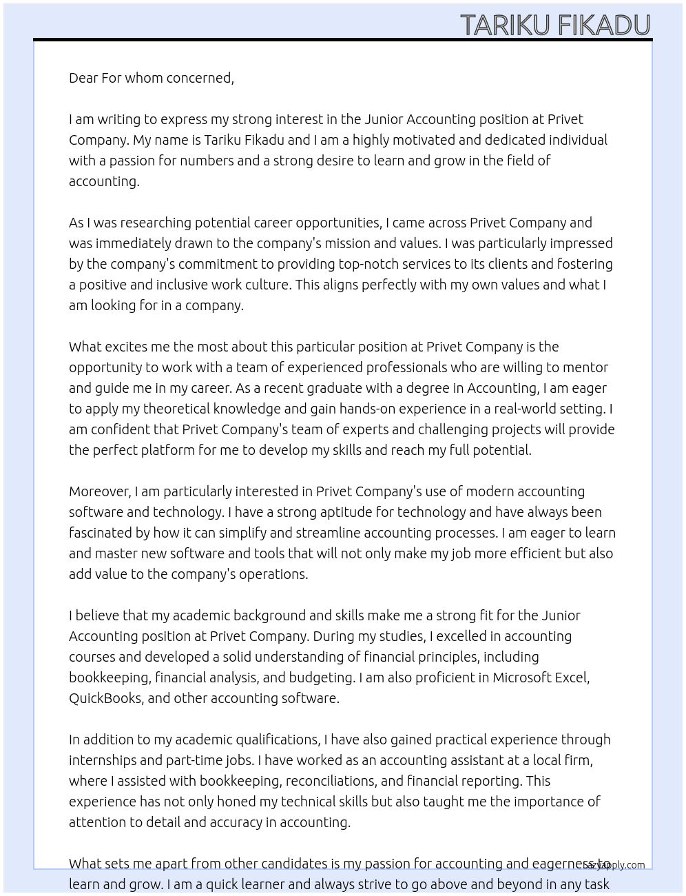 Junior Accaunting At Privet campany Cover Letter
