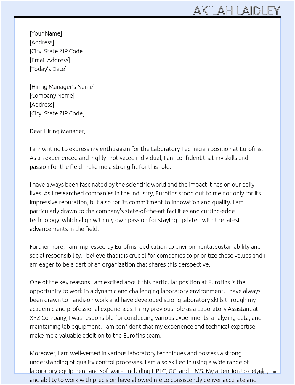 Laboratory Technician At Eurofins Cover Letter