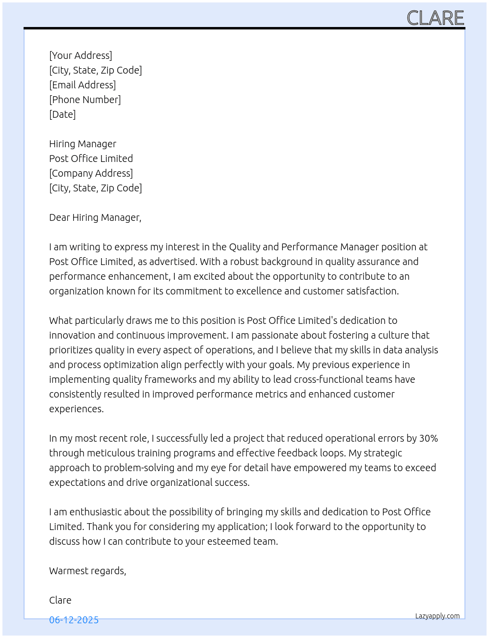 Quality and Performance Manager At Post Office Limieted Cover Letter
