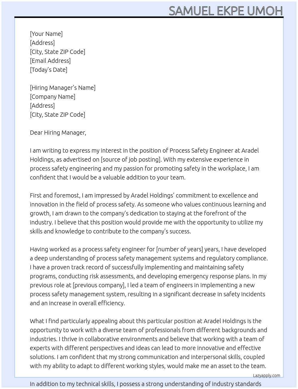 Process Safety Engineer At Aradel Holdings Cover Letter