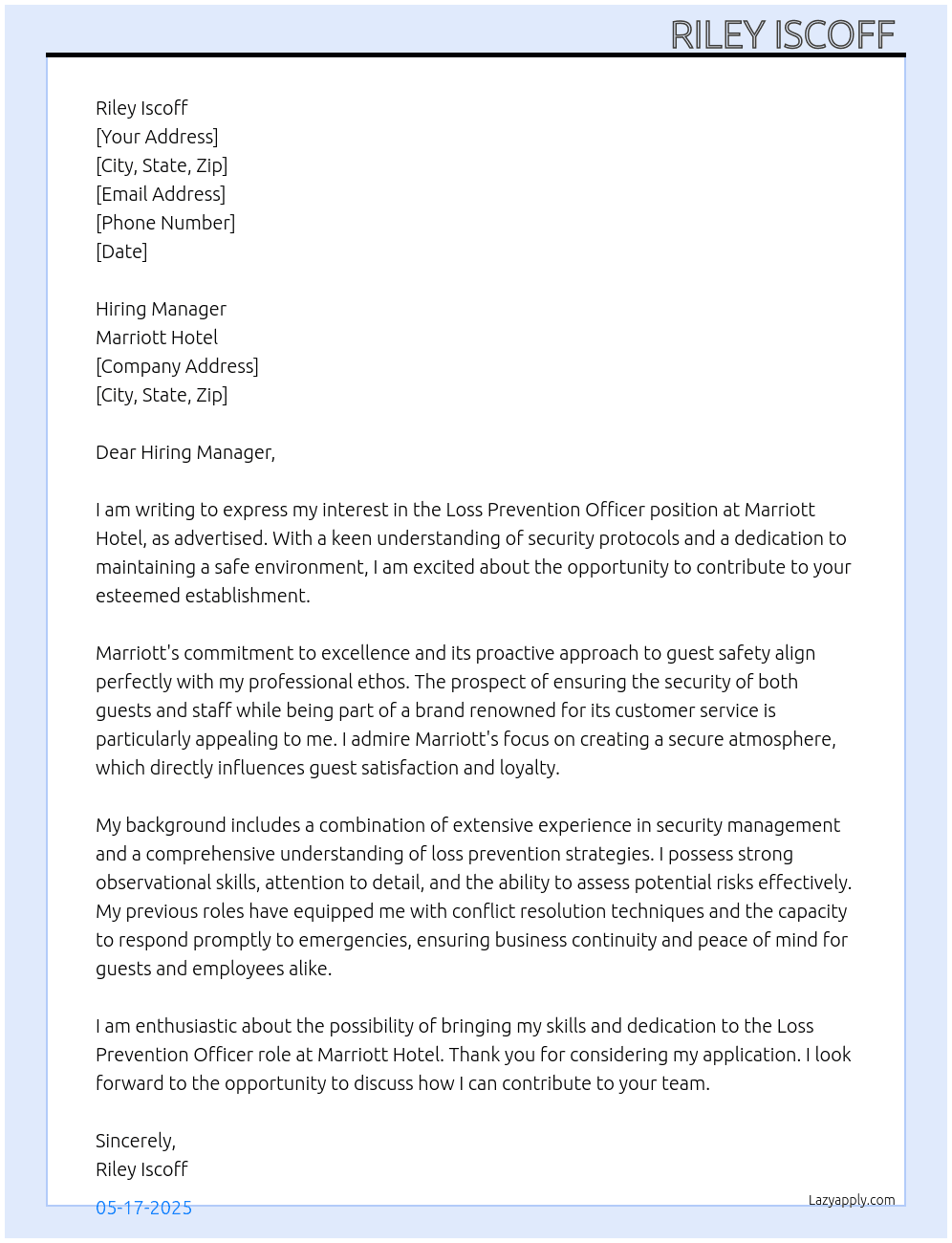 Loss Prevention Officer  At Marriott Hotel Cover Letter