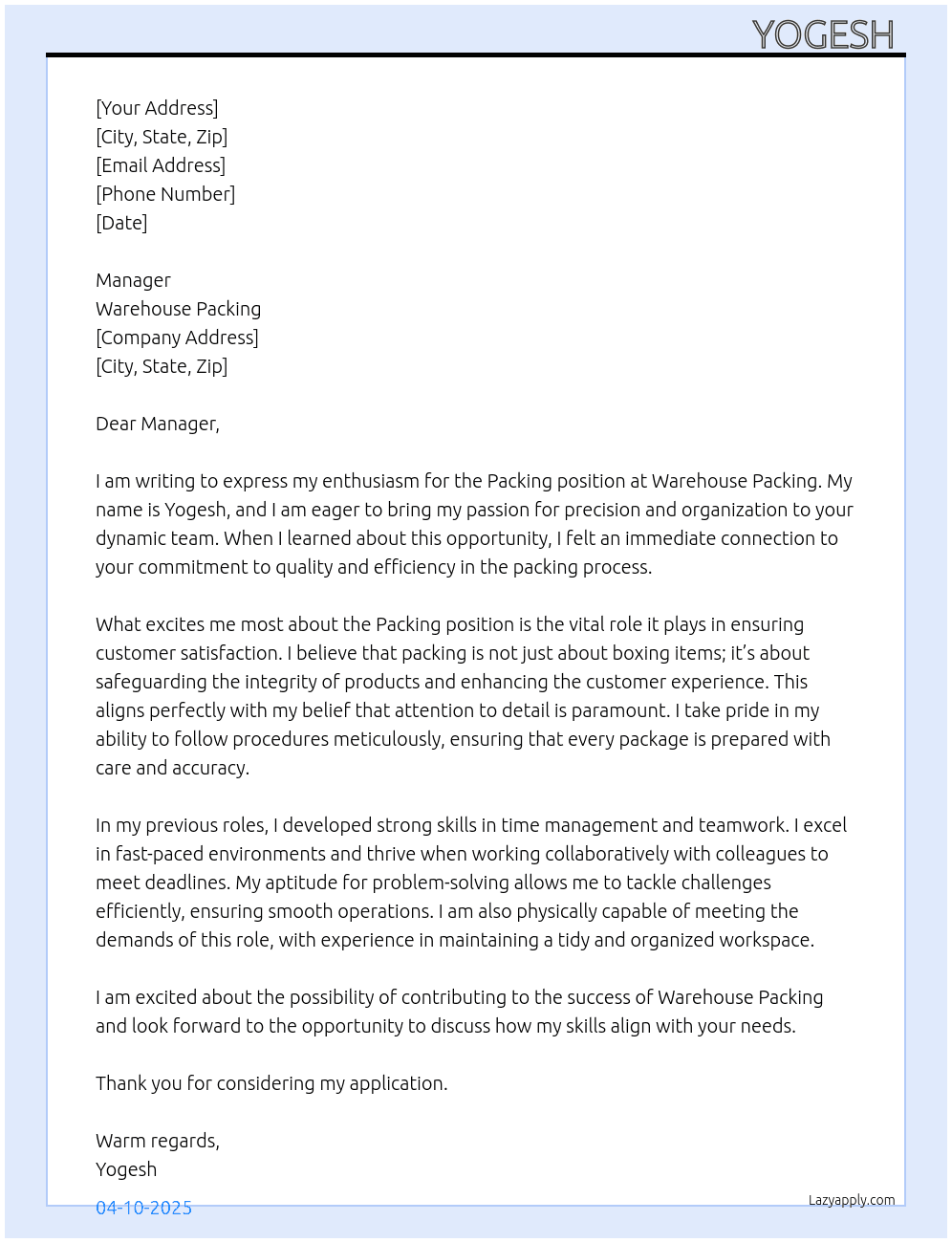 Packing  At Warehouse packing  Cover Letter