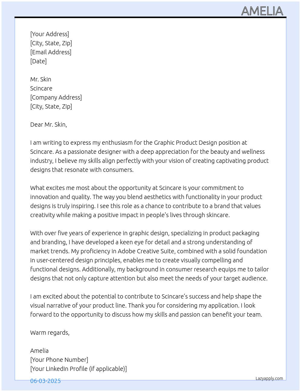 Graphic product design At Scincare  Cover Letter