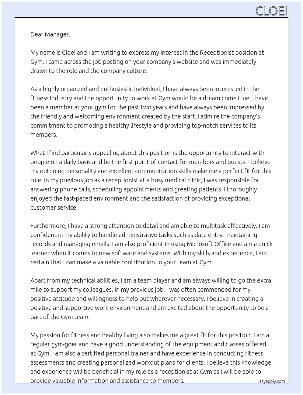 Receptionist At Gym Cover Letter