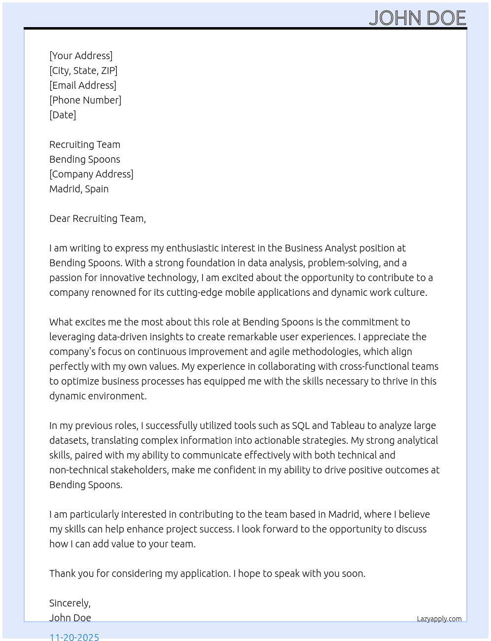 Business Analyst At Bending Spoons Cover Letter