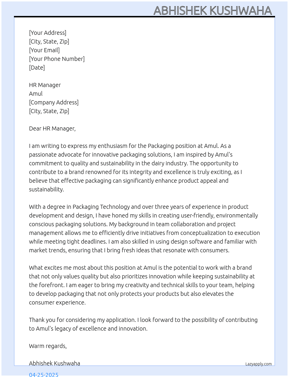 Packaging At Amul Cover Letter