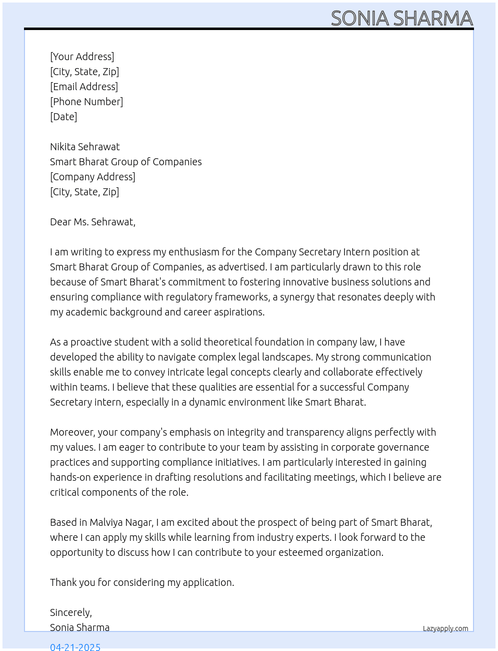 Company Secretary intern At Smart Bharat group of companies Cover Letter