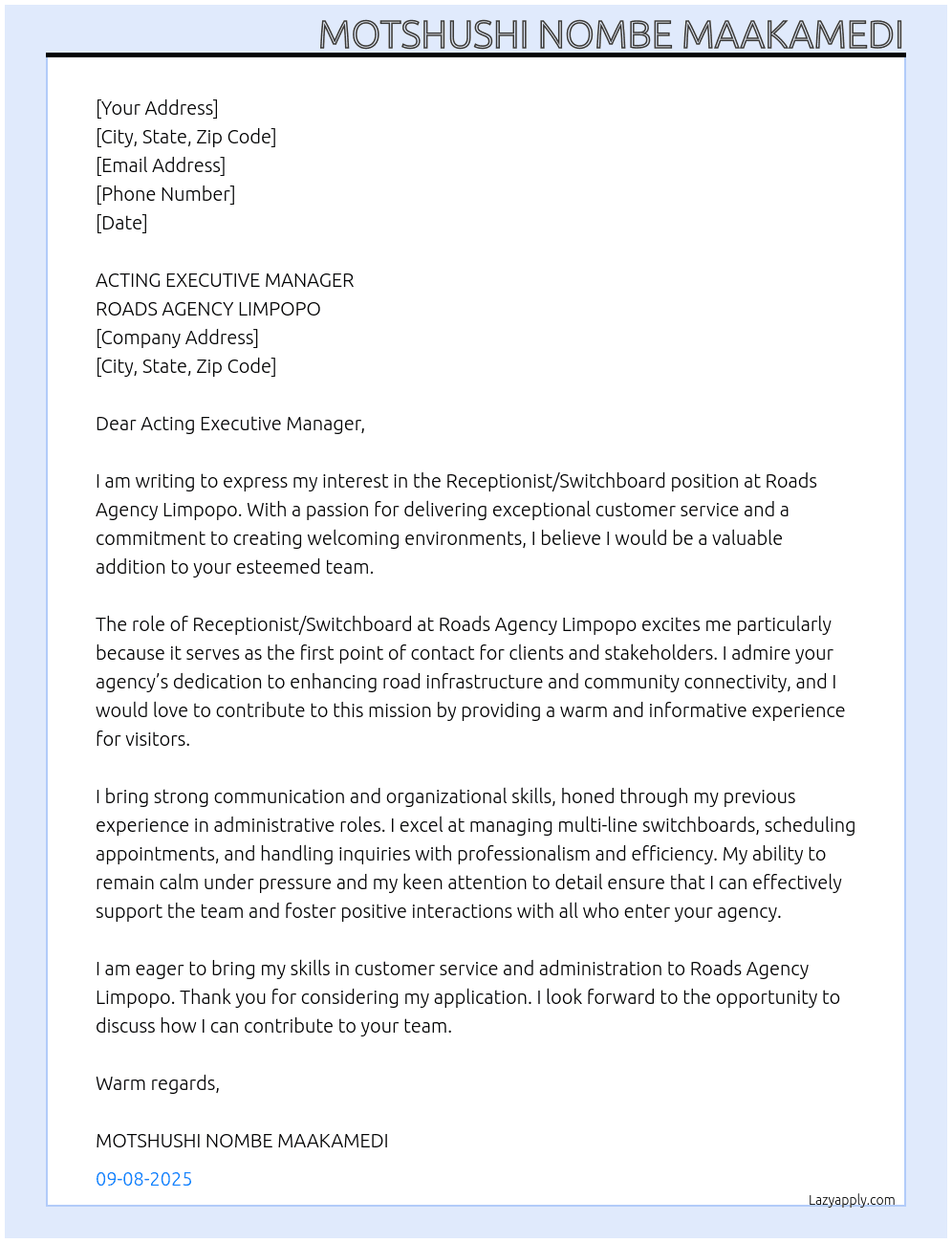 Cover letter for receptionist/switchboard - LazyApply