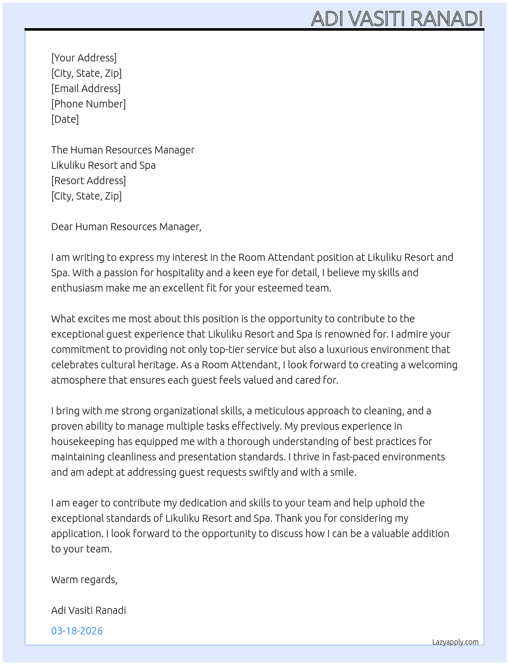 Room Attendant  At Likuliku Resort and Spa  Cover Letter