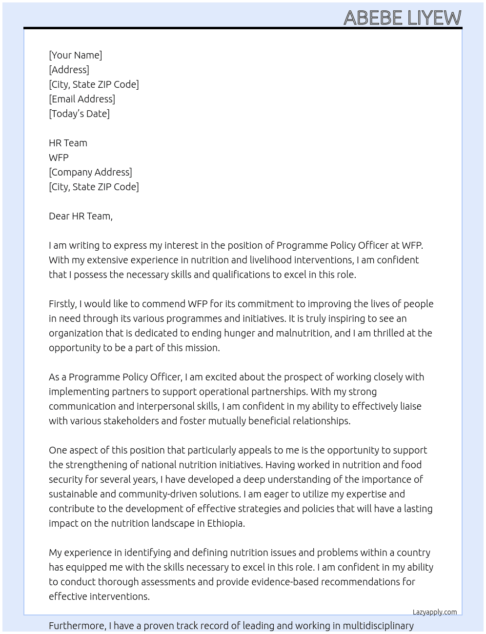 Programme Policy Officer At WFP Cover Letter