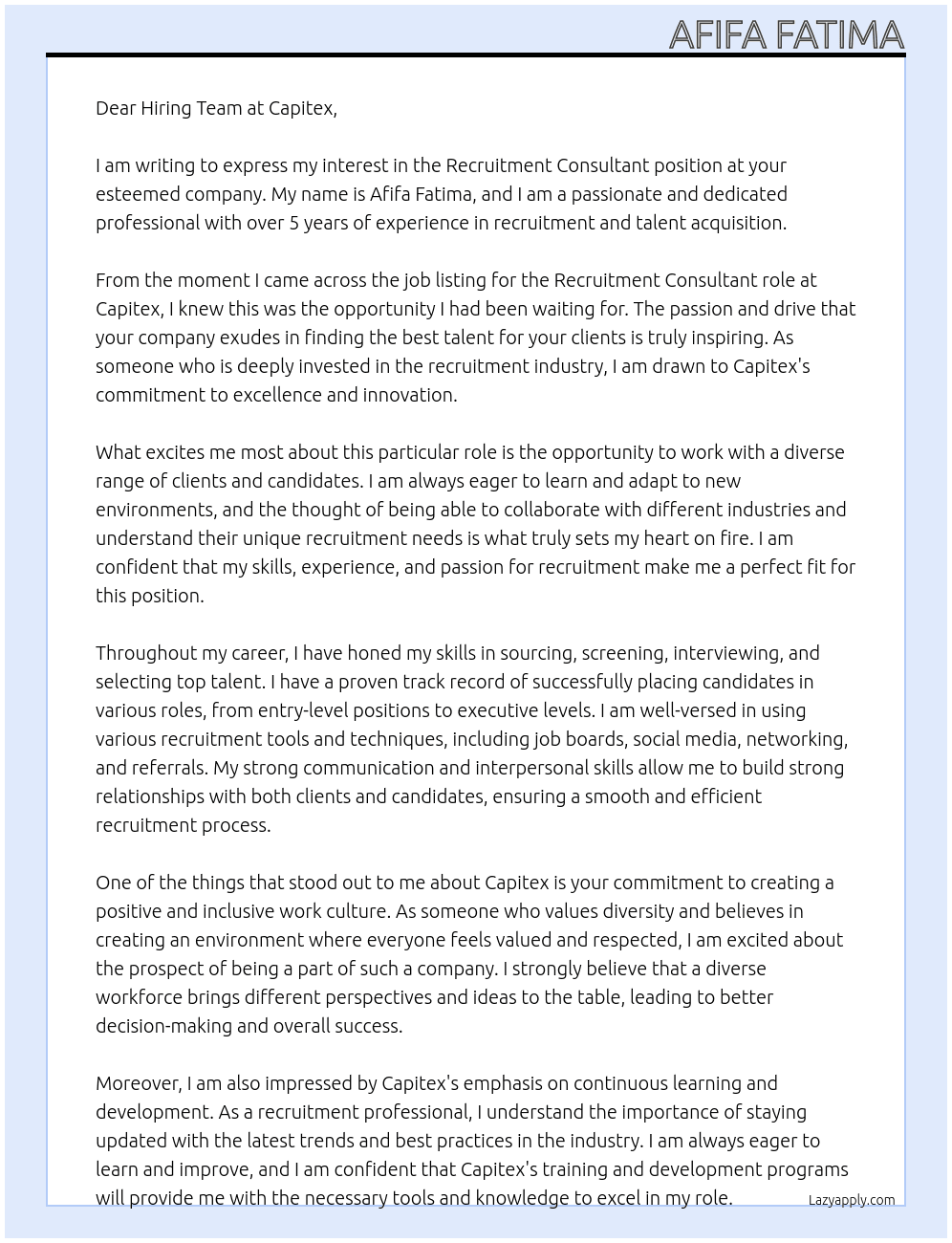 Recruitment consultant At Capitex Cover Letter