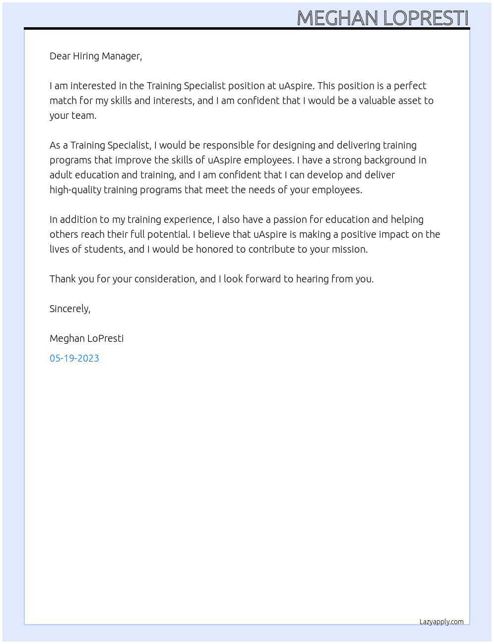 Training Specialist At uAspire Cover Letter
