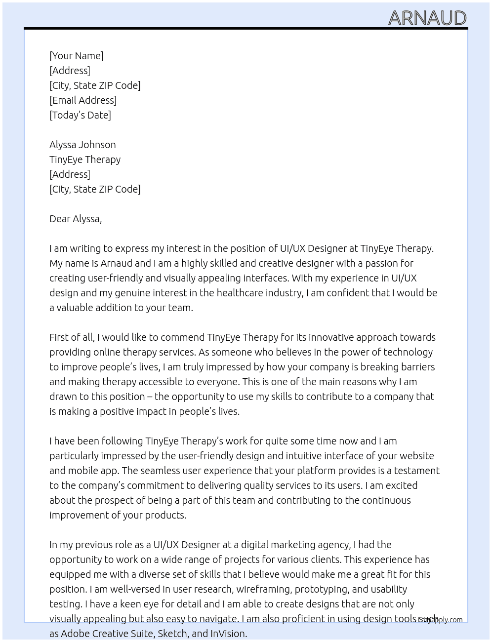 UI/UX Designer At TinyEye Therapy Cover Letter