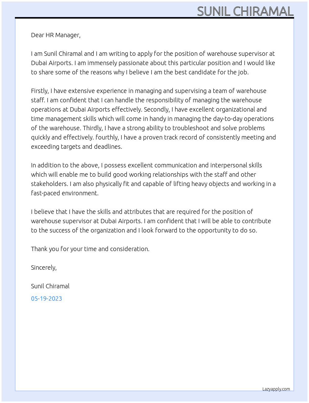 warehouse supervisor At Dubai Airprorts Cover Letter