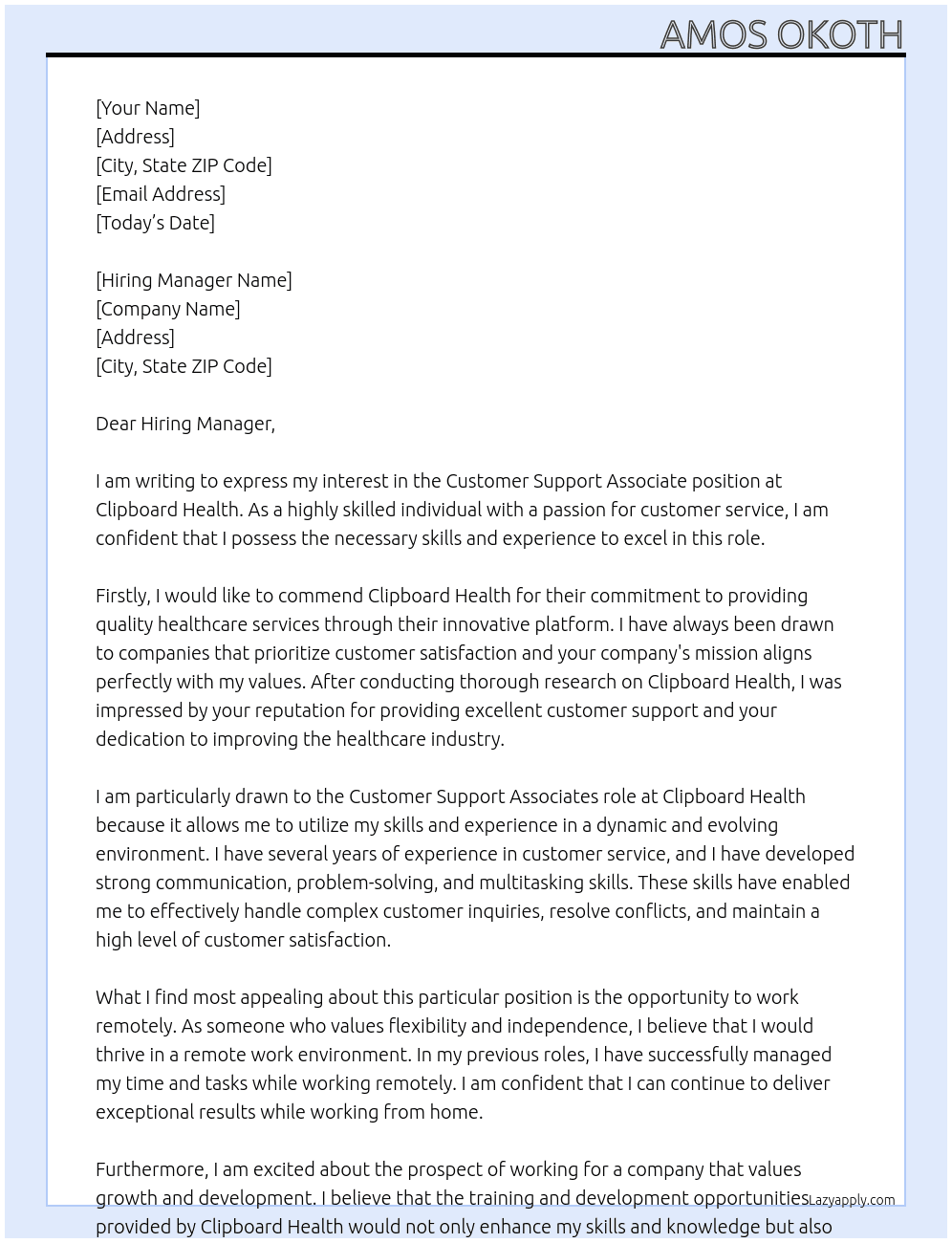 Customer Support Associate At Clipboard Health Cover Letter