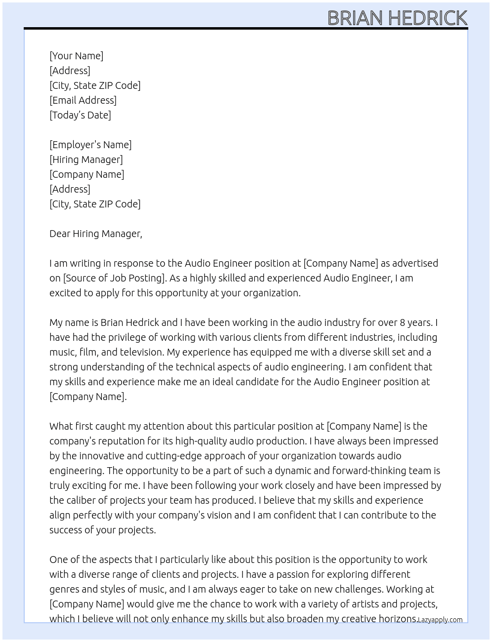 Audio Engineer At Confidential Cover Letter