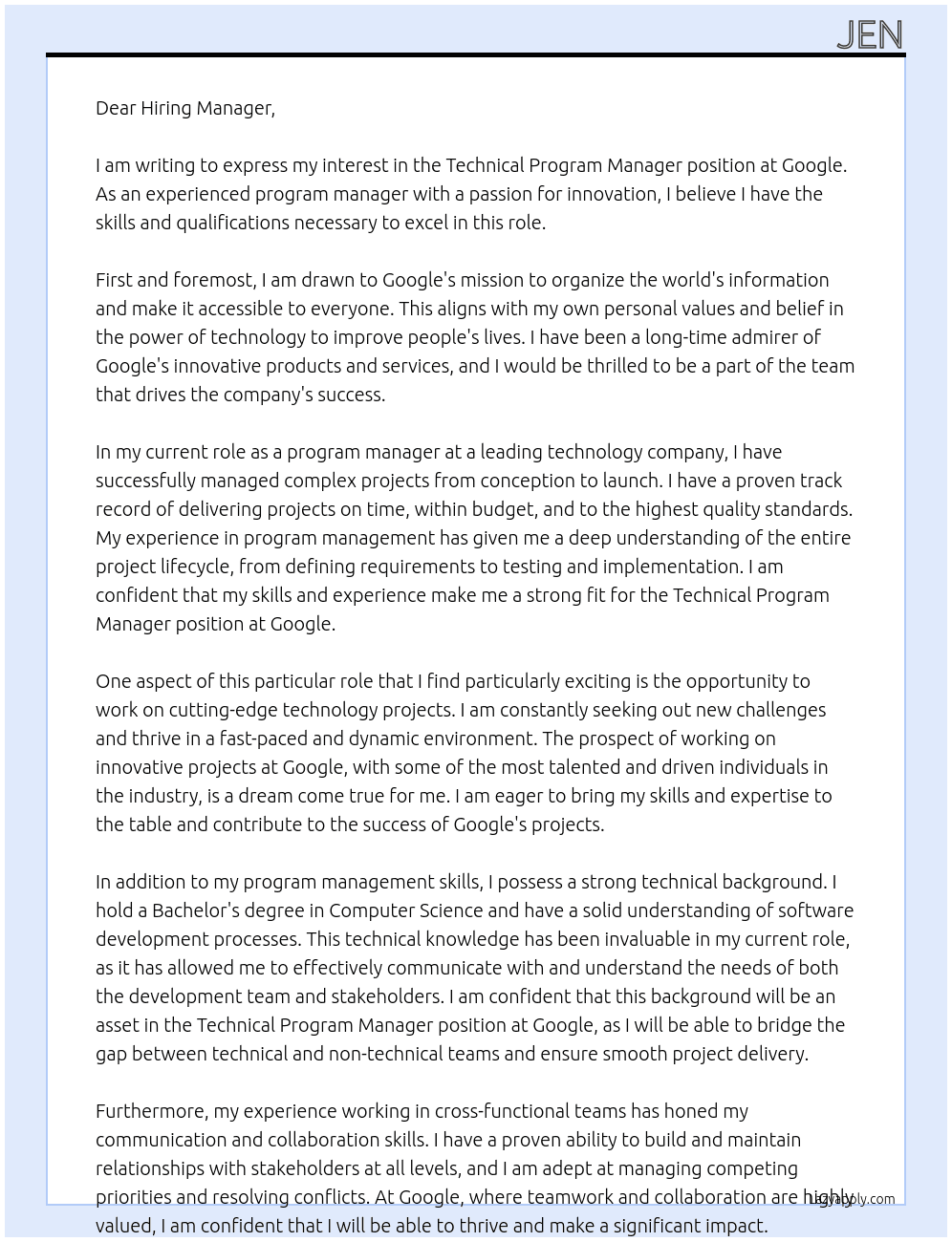 Technical program manager At google Cover Letter
