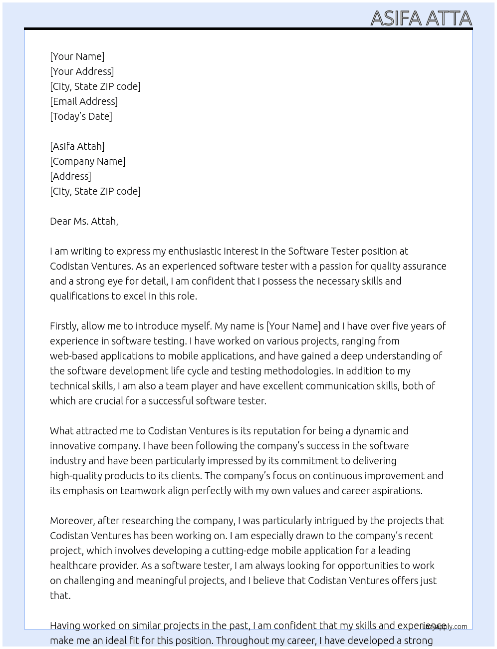 Sotware tester At Codistan ventures Cover Letter