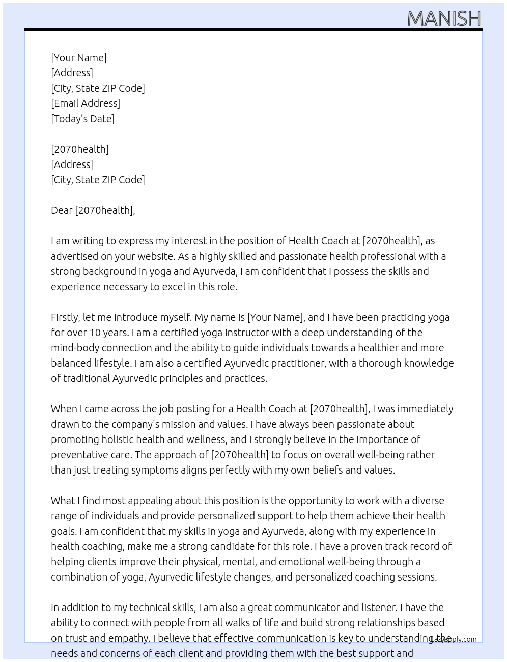 health coach At 2070health Cover Letter